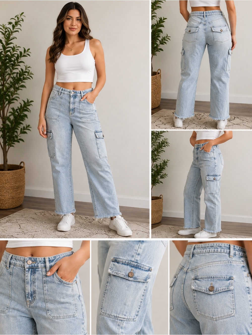 KanCan Waist size 24 Light Wash Cargo Jeans Utility Raw Hem Straight Leg
